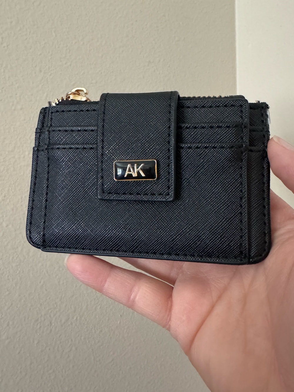 Anne Klein Black Saffiano Card Wallet with Gold Hardware